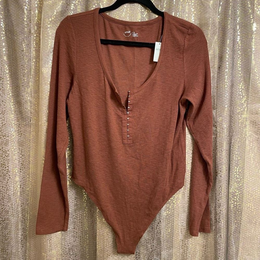 Aerie Burnt Orange Ribbed Long Sleeve Henley Bodysuit XL NWT